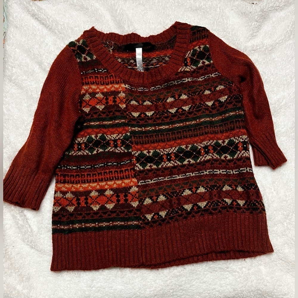 𝅺KENSIE 3/4 sleeve knit fall sweater size medium - orange, brown, white, argyle